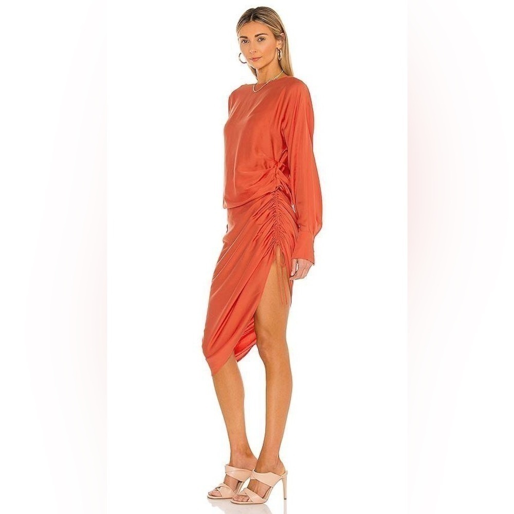 L’Academie Women’s Genie Midi Silk Dress Peach Size S Ruched Long Sleeve
